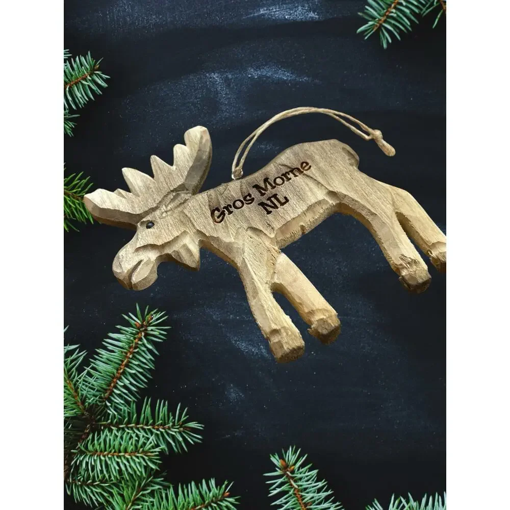 Gros Morne Newfoundland Canada Carved Wood Moose Christmas Holiday Ornament